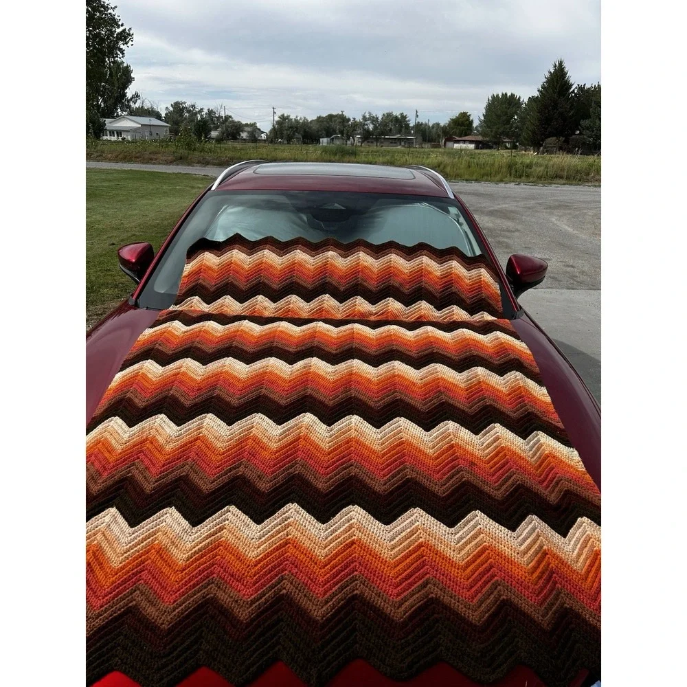 Vintage Handmade Crochet Afghan 66x51 Chevron Ripple Orange Brown Cream 70s